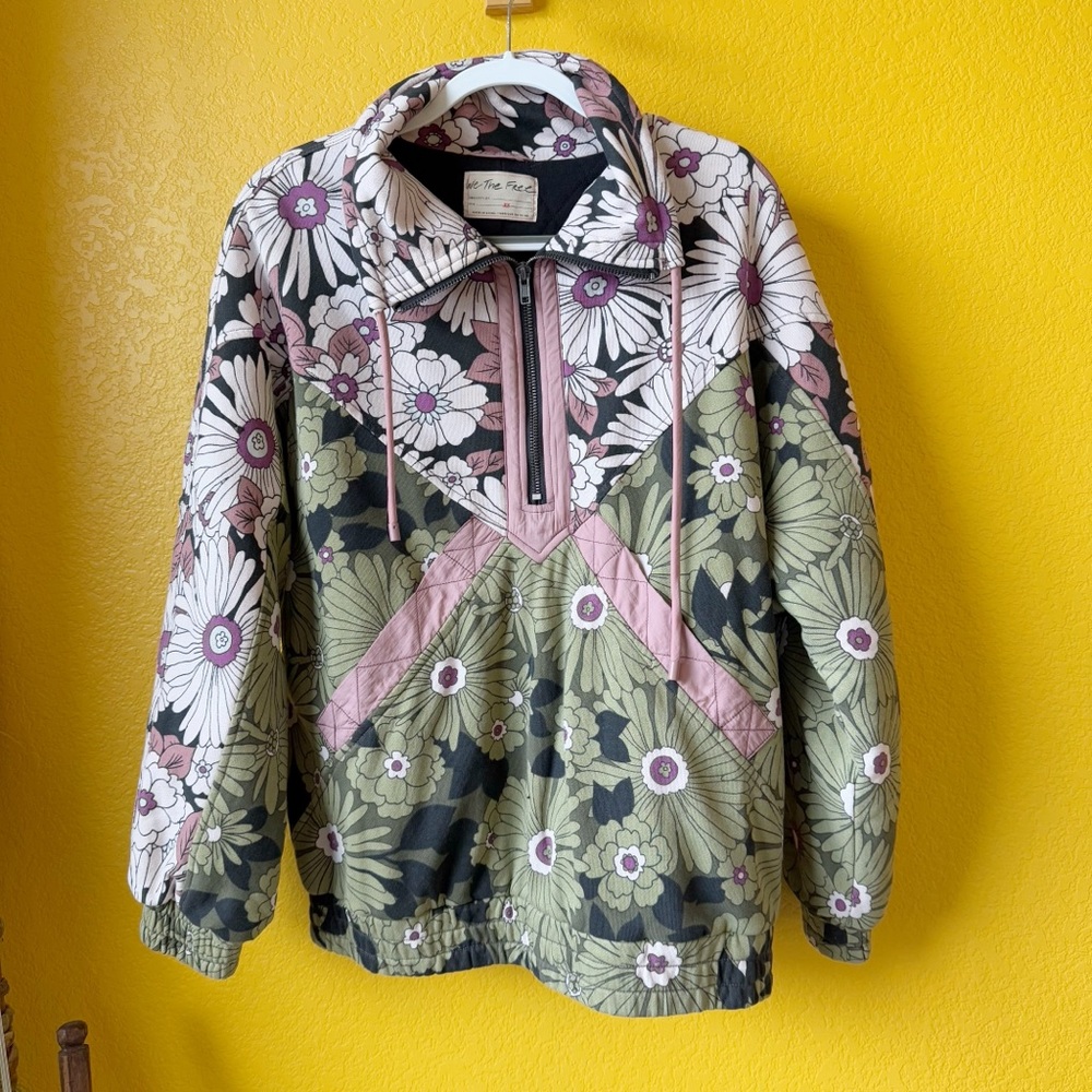 We the Free Free People 100% cotton Purple Green Floral Quarter Zip Sweatshirt